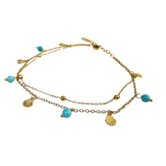 Bohemian Ankle Bracelet Shell‎ Charms & Turquoise Beads Gold-Toned S. Steel - Picture 3 of 7